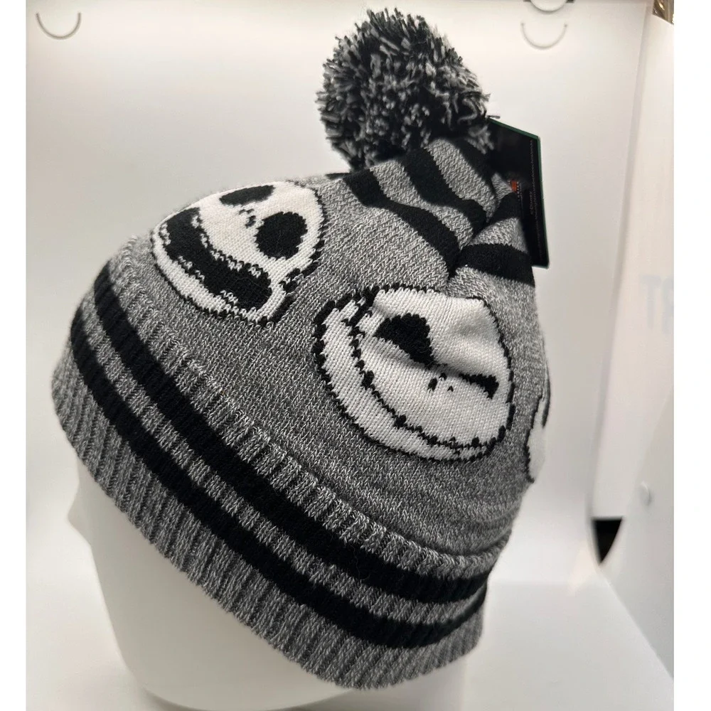 Nightmare Before Christmas Jack Skellington Beanie‎ Pom Pom Knit Hat Black White